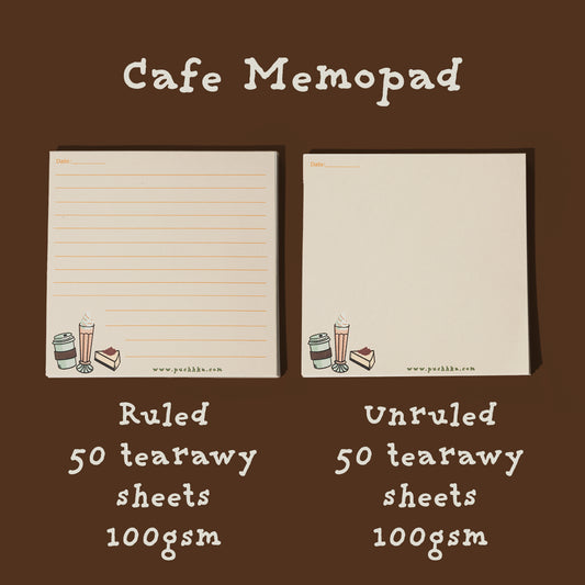 Two sheets of Cafe Memopad notepad paper shown side by side on a dark brown background, with text indicating one is ruled and one is unruled, both 50 tearaway sheets, 100gsm. The brand name 'Cafe Memopad' is written at the top.