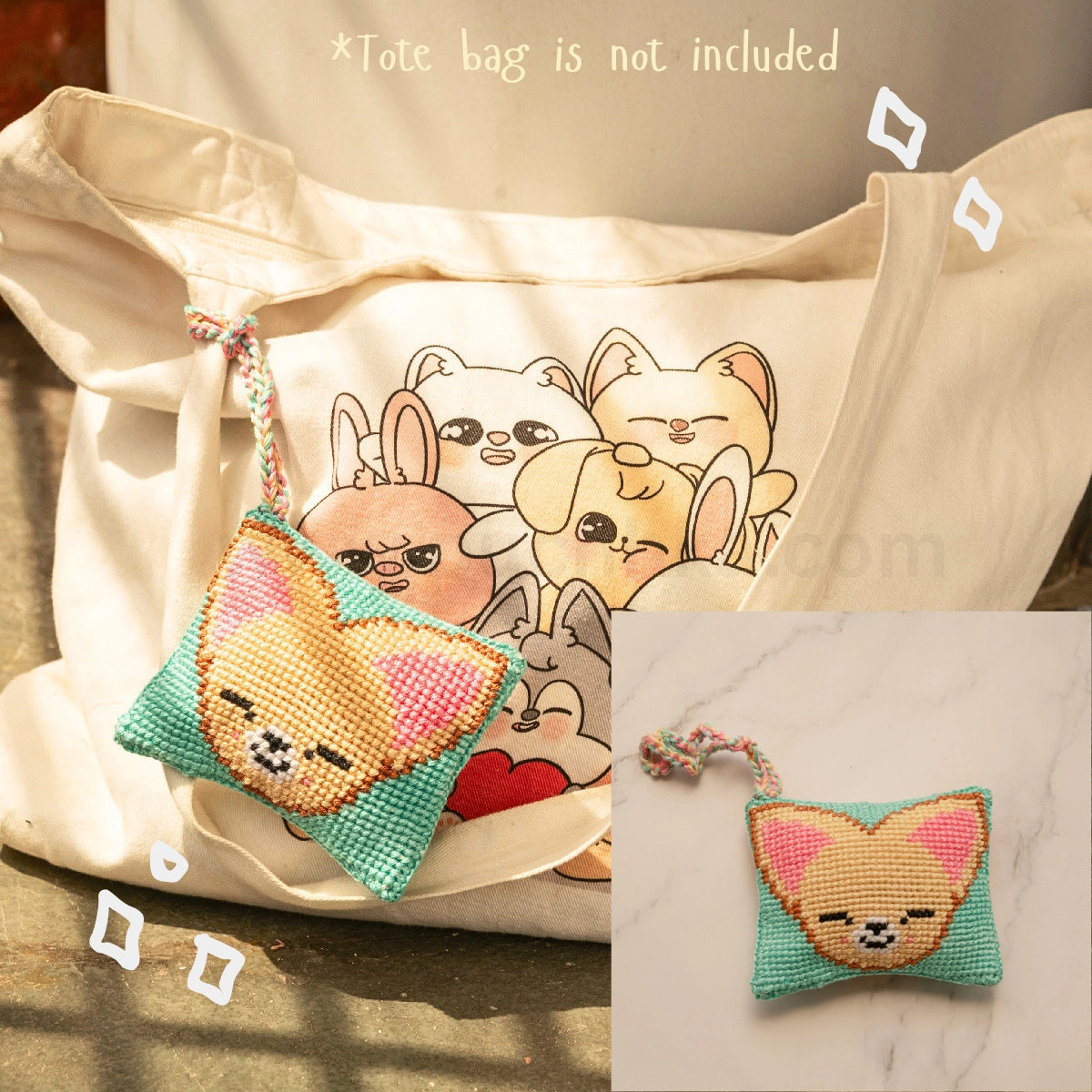 A cream canvas tote bag with a printed skzoo illustration on the front, shown alongside a small Mint Geen and Peach cross-stitch style skzoo bag hanging with a matching strap. The image includes text stating '*Tote bag is not included' and a small inset showing the pouch alone on a marble surface.