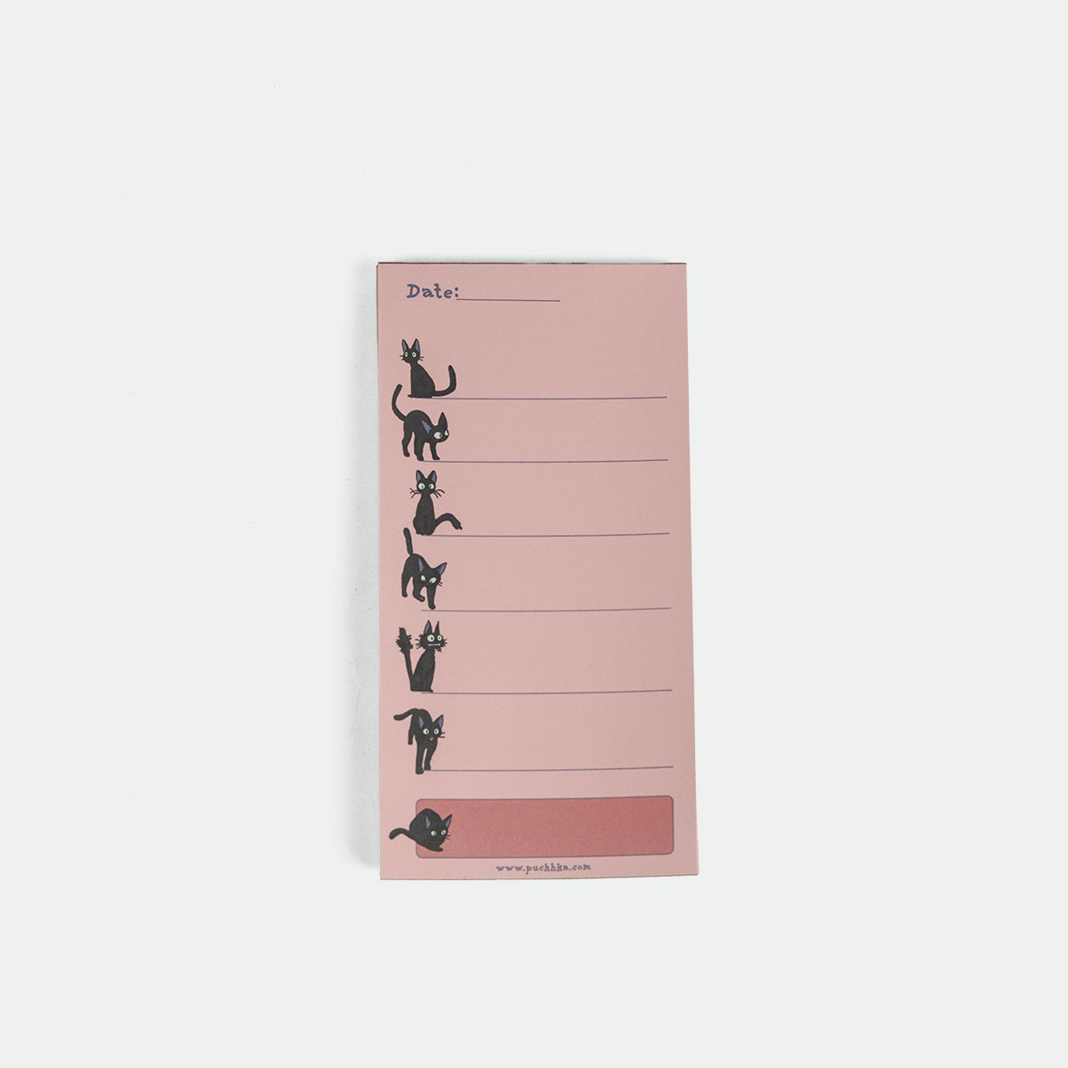 A pink notepad featuring black cat illustrations in various poses next to horizontal lines and a date writing field, shown on a light gray background.