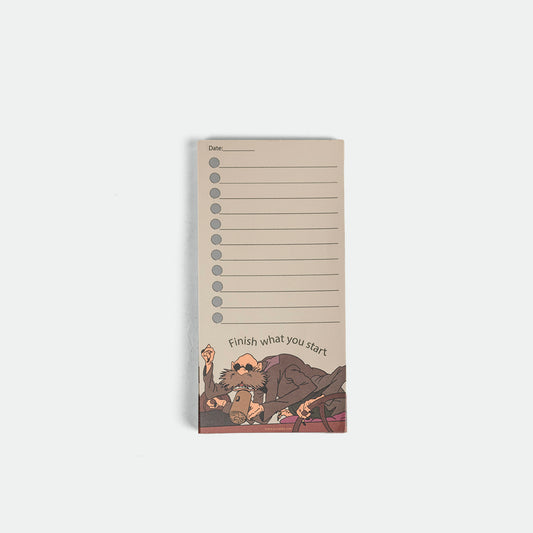 A vertical notepad with a beige background, featuring lined writing slots, a date line, a checklist of ten gray circles, the phrase 'Finish what you start' above a cartoon illustration at the bottom, shown on a light gray background.