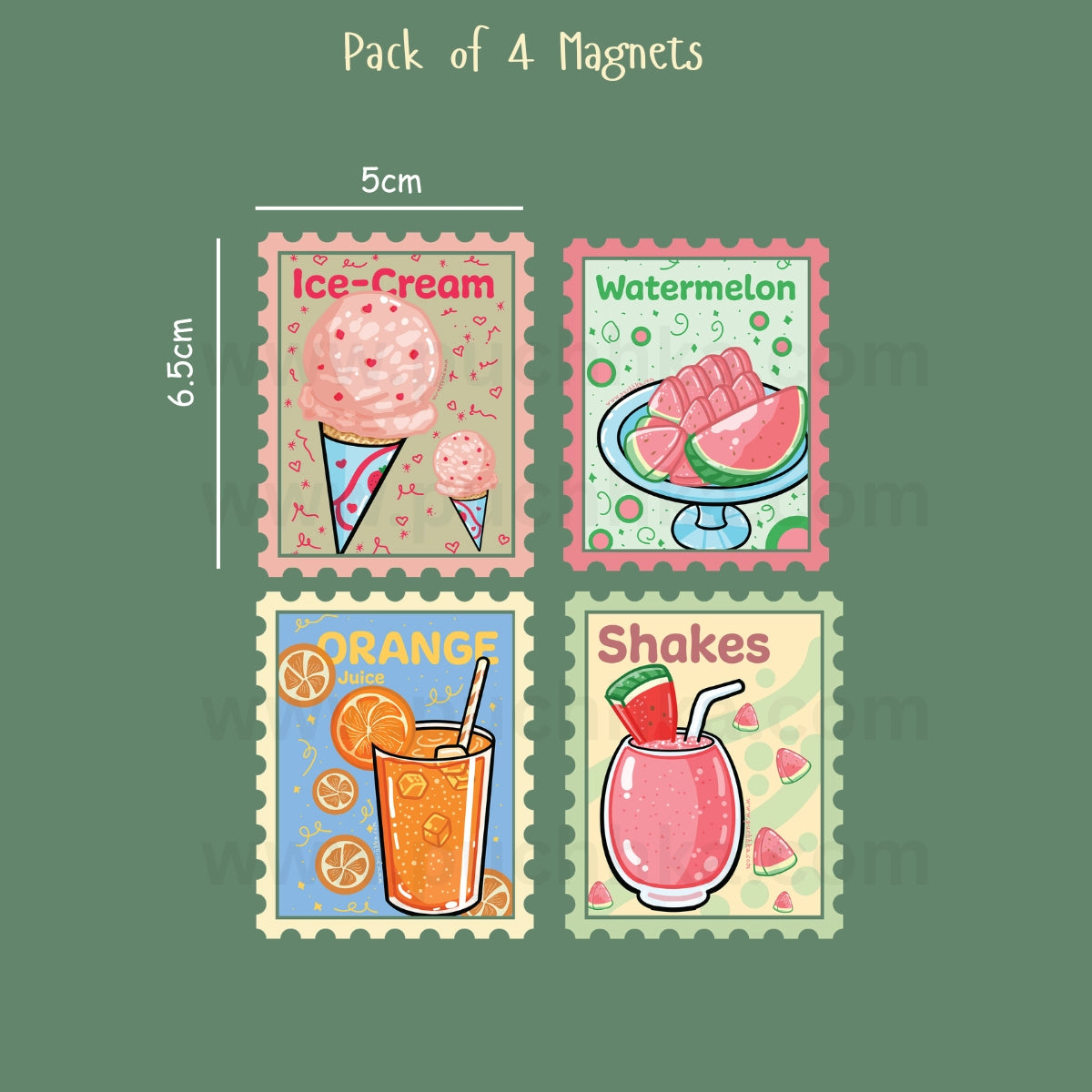 A pack of four illustrated magnets shown on a muted green background, with size labels reading 5cm and 6.5cm.
