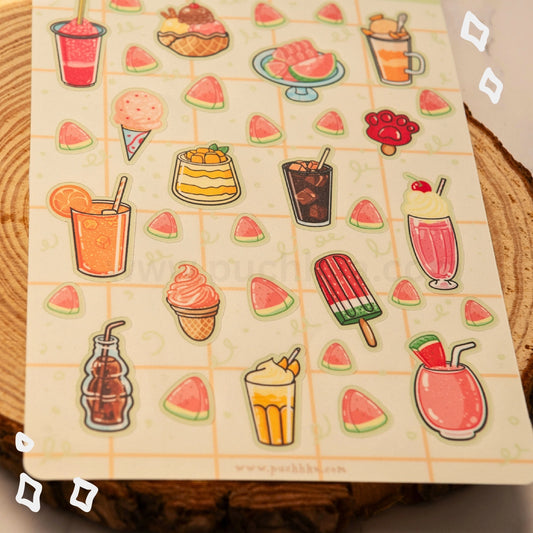 A sheet of cute summer-themed stickers featuring watermelon slices, drinks, ice cream, and desserts.