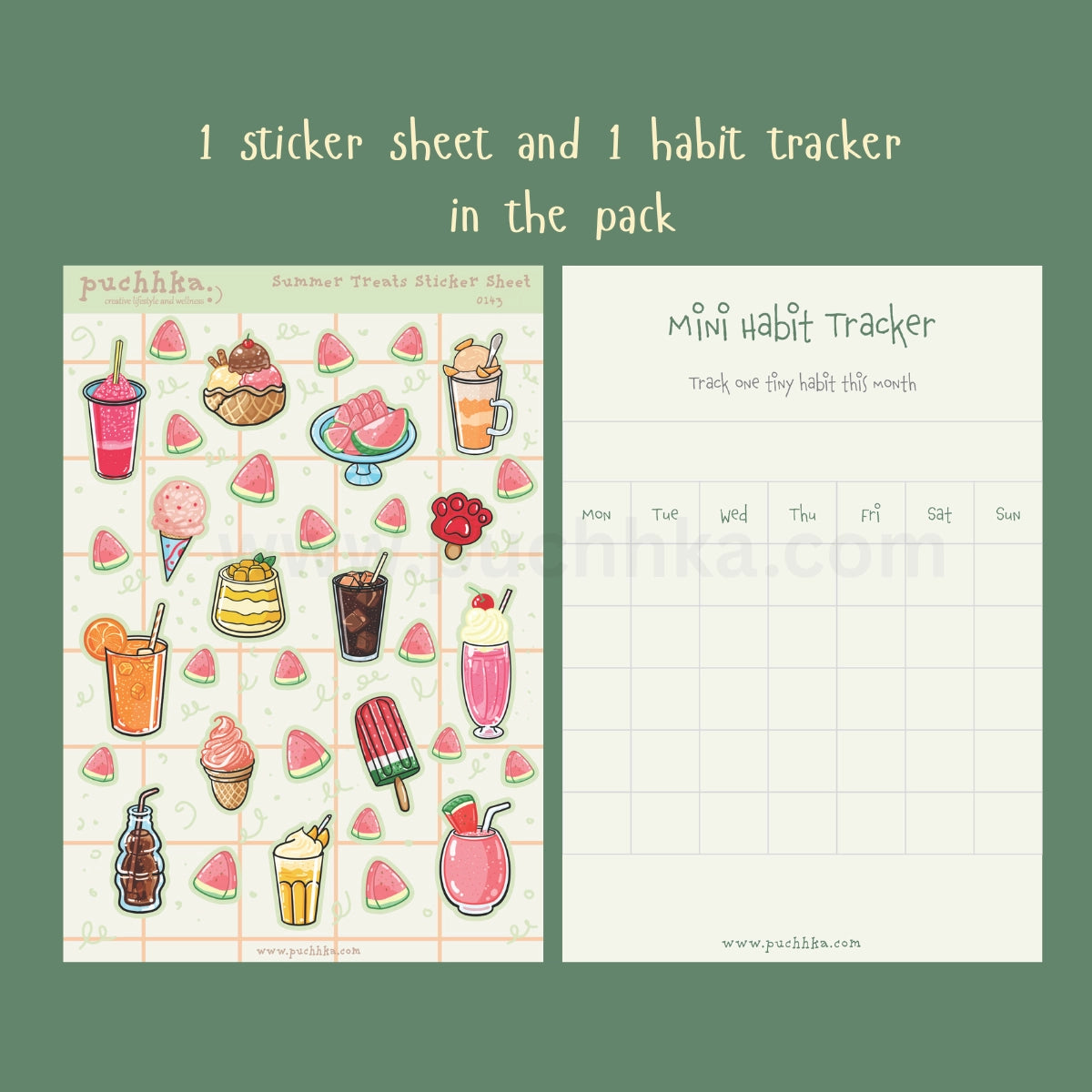 A product listing graphic showing a summer treats sticker sheet and a mini habit tracker on a sage green background. The sticker sheet features colorful illustrations of watermelon slices, ice cream cones, popsicles, and various drinks.