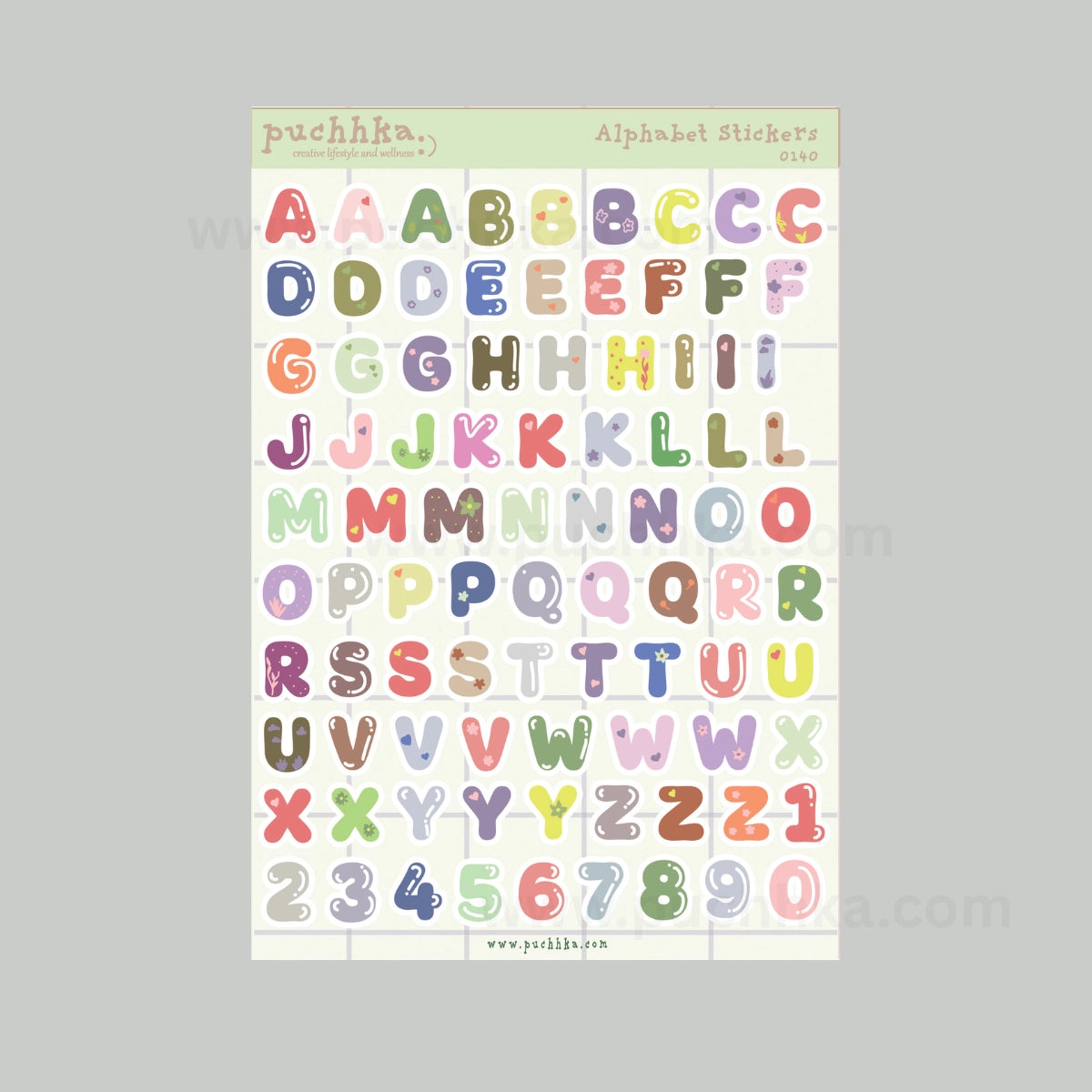 A sheet of pastel alphabet stickers featuring uppercase and lowercase letters, numbers,  displayed on a light gray background.