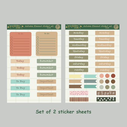 Two planner sticker sheets displayed on a light gray background. The left sheet has peach, tan, and mint green stickers including to-do lists, daily labels, and checklists.
