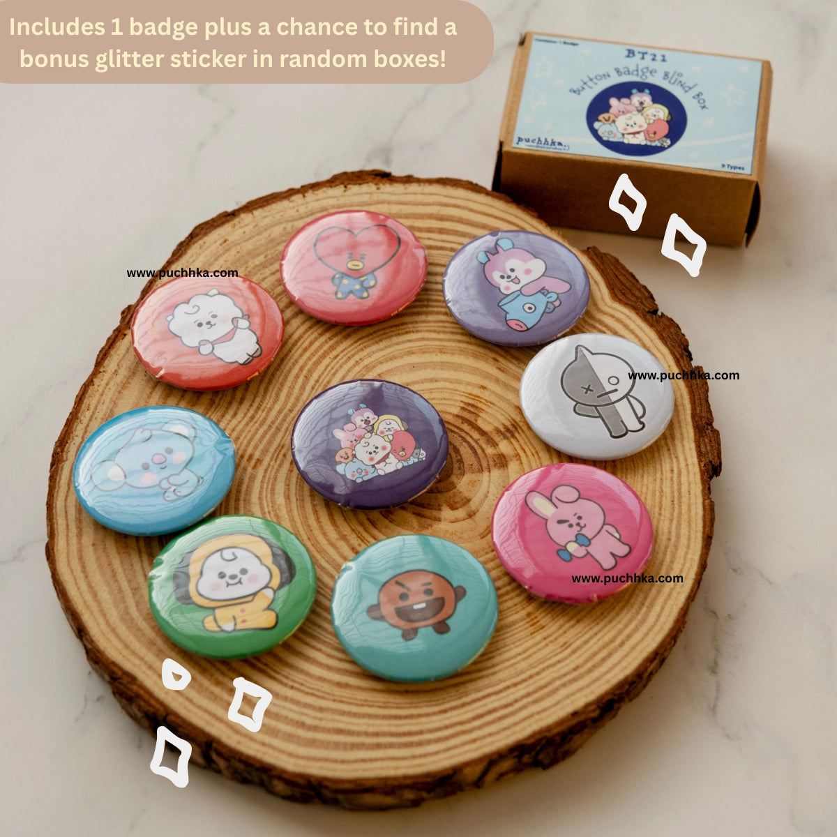 A set of colorful round pin-back badges displayed on a round wood , with a small product box at the top right and a text note at the top left about a bonus glitter sticker.