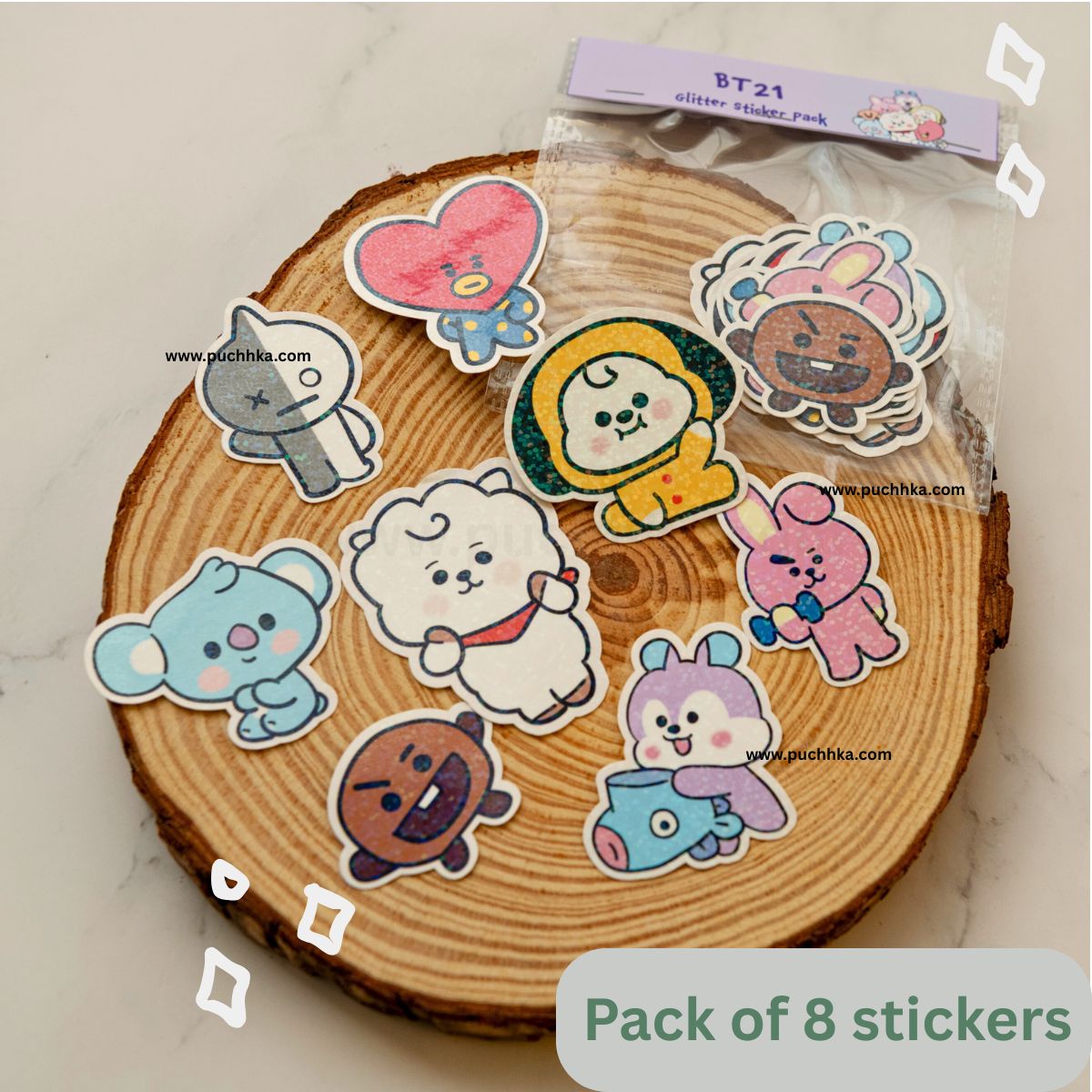 A pack of 8 BT21 character stickers displayed on a round wood coaster, with one sticker in its clear plastic packaging at the top. The stickers feature various colorful characters from BT21 on a light marble background.