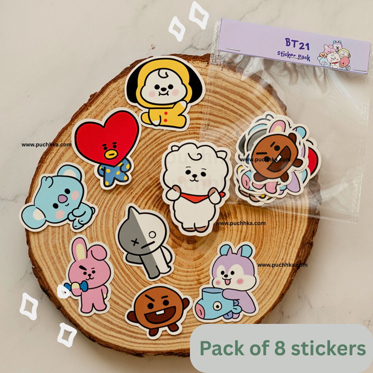 A pack of 8 BT21 character stickers displayed on a round wood coaster, with the clear plastic packaging and a purple header card visible in the background.