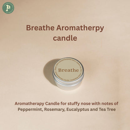 Breathe Aromatherapy mini candle 20g is kept on a beige background with scent notes "Peppermint, Rosemary, Eucalyptus and Tea Tree" at the bottom.