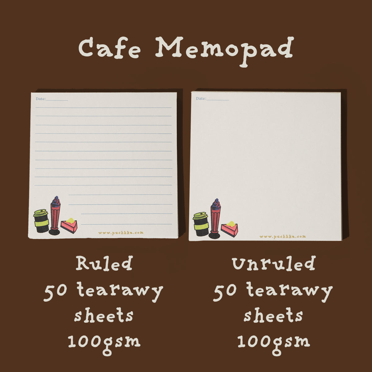 Two sheets of Cafe Memopad paper on a dark brown background, one lined and one unlined, with text indicating 50 tearaway sheets, 100gsm, and the brand name visible as cafememopad.com.