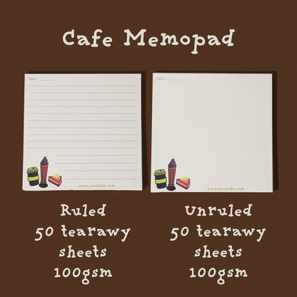 Two sheets of Cafe Memopad paper on a dark brown background, one lined and one unlined, with text indicating 50 tearaway sheets, 100gsm, and the brand name visible as cafememopad.com.