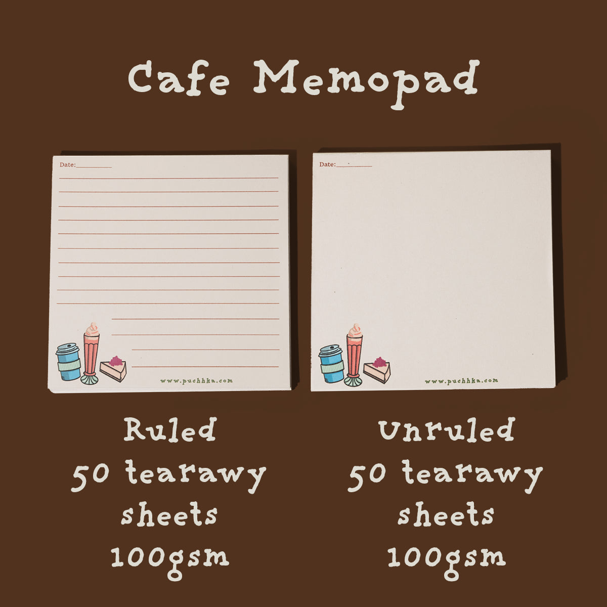 Two sheets of Cafe Memopad notepad paper shown side by side on a dark brown background. The left sheet is ruled and the right sheet is unruled, both with small colorful illustrations at the bottom and text indicating 50 tearaway sheets, 100gsm, and the brand www.