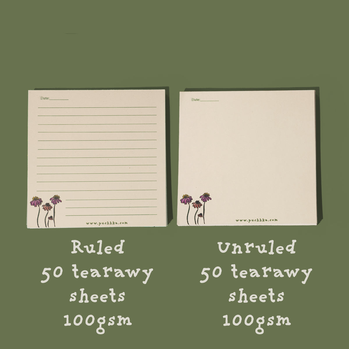 Two cream-colored ConeFlowers memopads shown on a muted green background, one ruled and one unruled, with text indicating 50 tearaway sheets and 100gsm weight.
