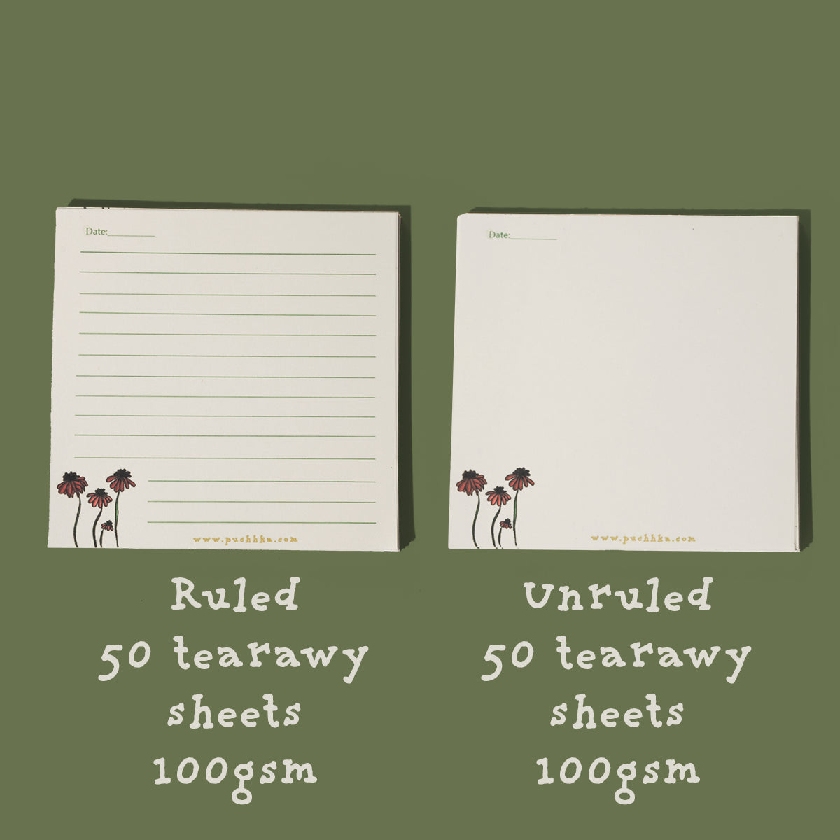 Two ConeFlowers Memopad notepads shown on an olive green background, labeled as 'Ruled' and 'Unruled', each with 50 tearaway sheets and 100gsm weight. The notepads have a warm cream/off-white color with a small floral illustration in the bottom left corner.
