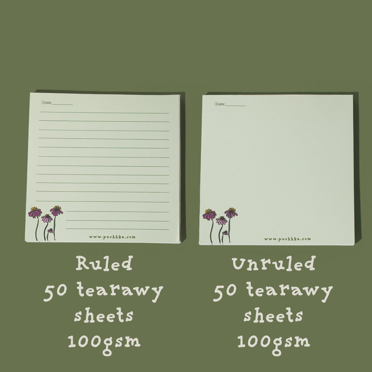 Two ConeFlowers Memopad notepads shown on a muted olive green background, labeled as ruled and unruled, each with 50 tearaway sheets, 100gsm. The notepads are off-white with a small purple and green flower illustration in the bottom-left corner.