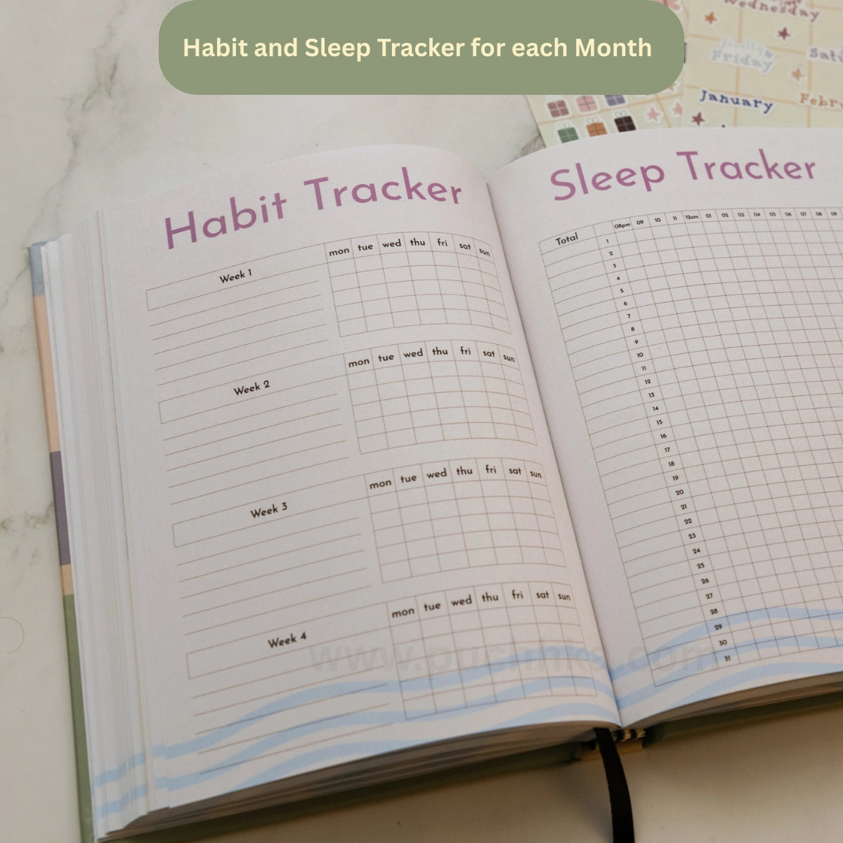 An open monthly habit and sleep tracker notebook showing two printed pages: a Habit Tracker with four weekly sections and a Sleep Tracker with a grid layout. A green text banner at the top reads 'Habit and Sleep Tracker for each Month.