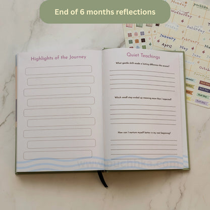 An open journal or planner spread on a light marble surface, showing two reflection pages titled 'Highlights of the Journey' and 'Quiet Teachings,' with additional sticker sheets in the background. A green banner at the top reads 'End of 6 months reflections.