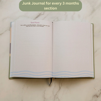 An open notebook journal on a light marble surface, showing blank lined pages with a green cover edge and a small ribbon bookmark. A green text bubble at the top reads 'Junk Journal for every 3 months section'.
