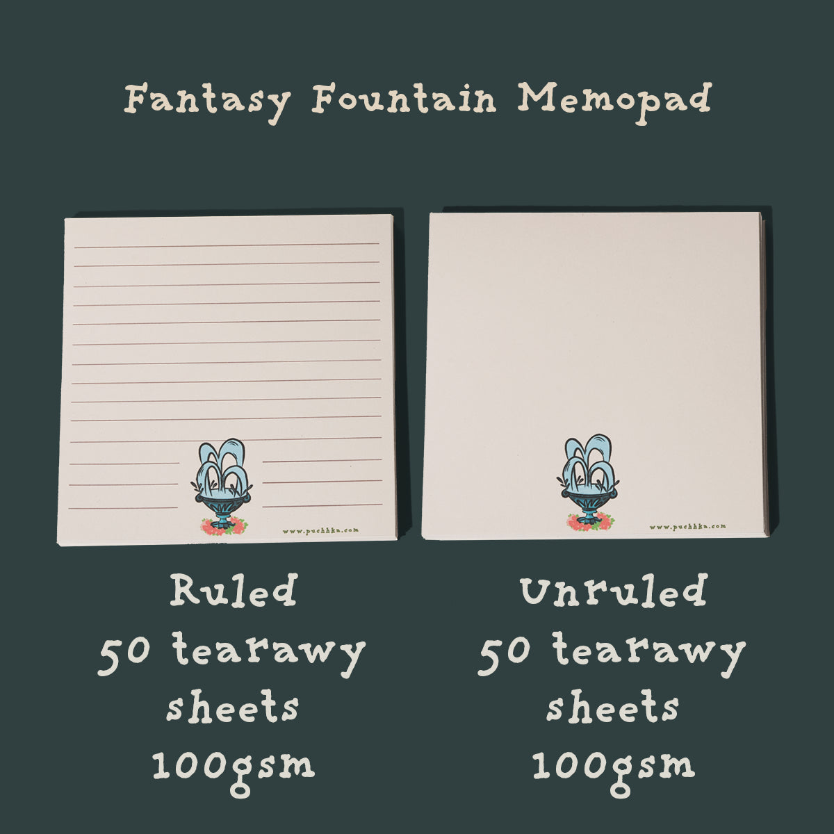 Two sheets of fantasy fountain pen memopads side by side on a dark green background. The left sheet is lined with the text 'Fantasy Fountain Memopad' at the top and 'Ruled 50 tearaway sheets 100gsm' at the bottom.