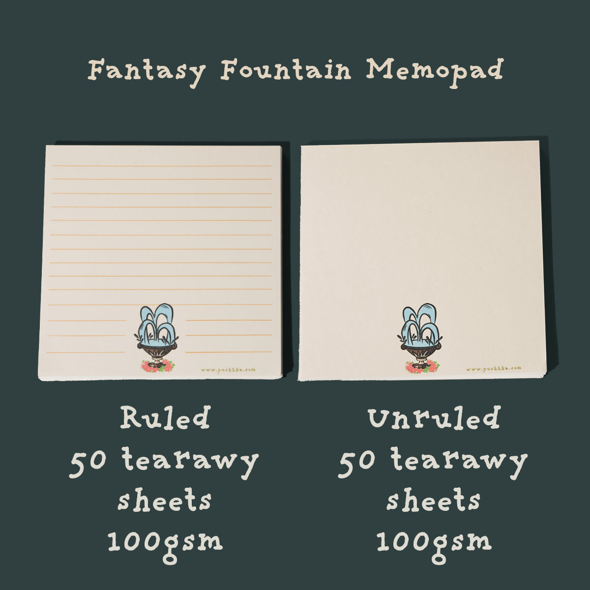 Two cream-colored memo pads labeled 'Fantasy Fountain Memopad' on a dark green background. The left pad is ruled and the right pad is unruled, both with a small fountain printed near the bottom.
