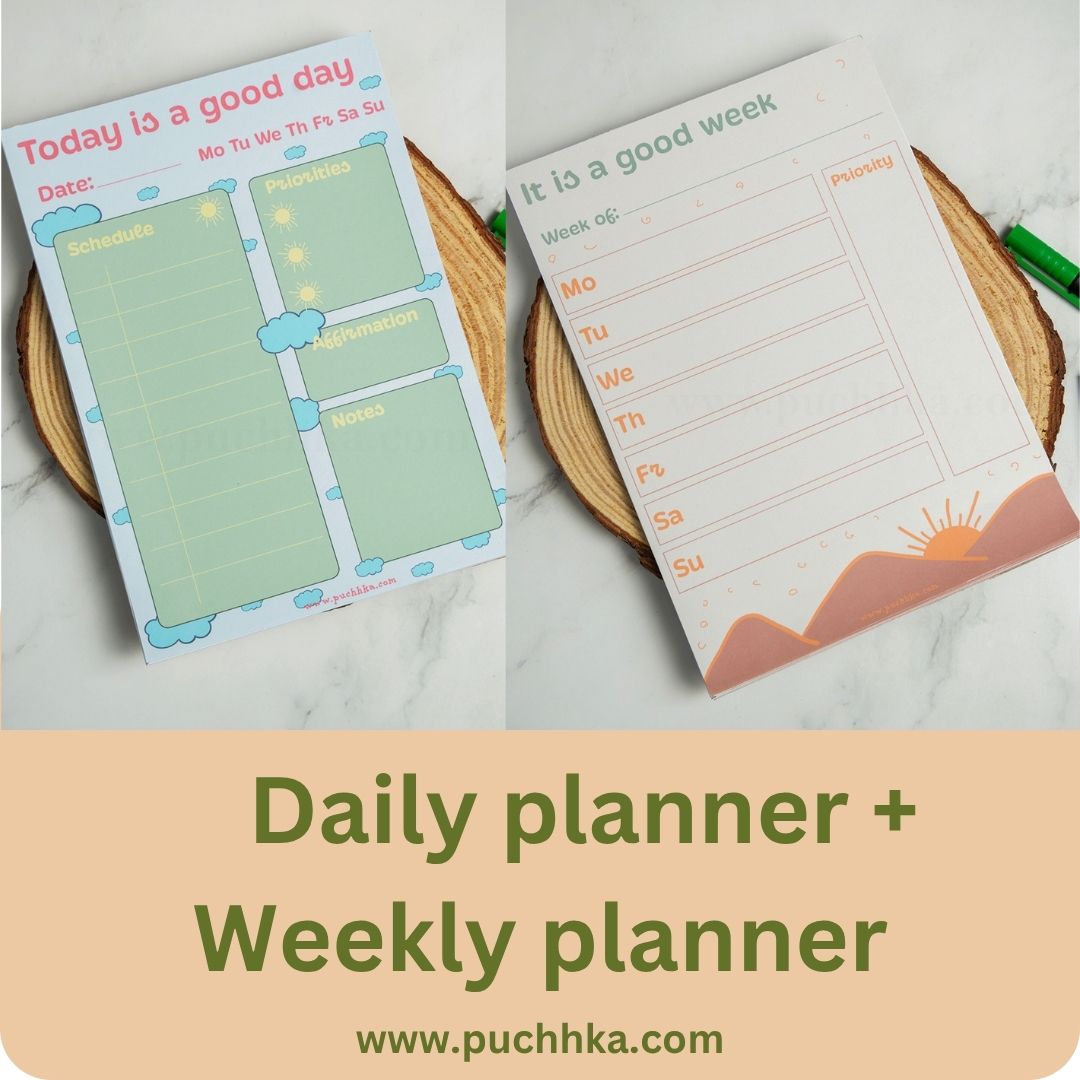 Two printed daily and weekly planner sheets displayed on wood slices over a marble surface, with a large text banner at the bottom reading 'Daily planner + Weekly planner' 