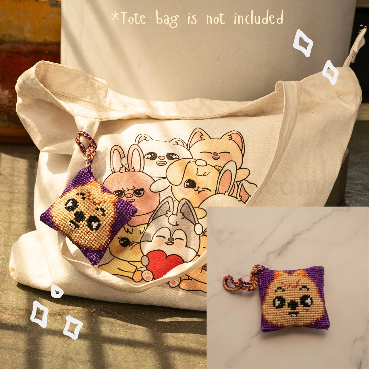 A cream canvas tote bag with a printed skzoo illustration on the front, shown alongside a small Purple and Brown cross-stitch style skzoo bag hanging with a matching strap. The image includes text stating '*Tote bag is not included' and a small inset showing the pouch alone on a marble surface.