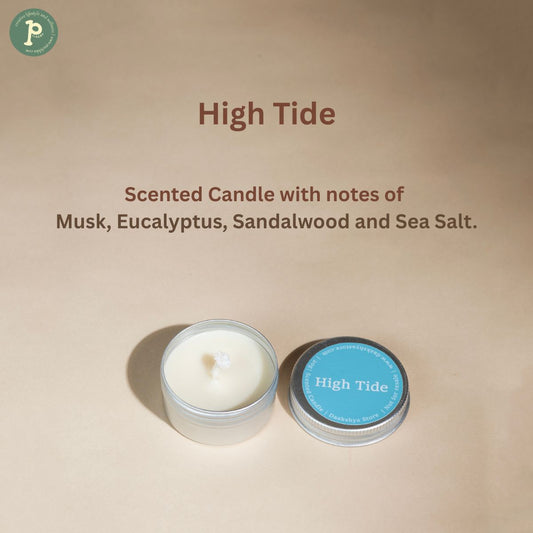 High Tide scented mini candle is on a beige background with the notes " Musk, Eucalyptus, Sandalwood and Sea Salt" written above it.