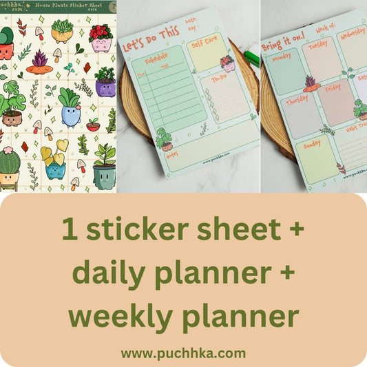 Three planner sticker sheets displayed with a large text banner reading '1 sticker sheet + daily planner + weekly planner' 