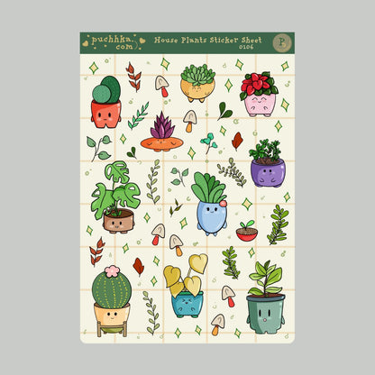 A houseplant-themed sticker sheet featuring cute cartoon potted plants, leaves, mushrooms, and small decorative motifs on a cream grid background, with a dark green header reading 'puchhka.com' and 'House Plant Sticker Sheet'.