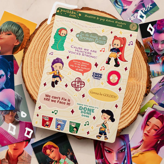 A sticker sheet from Puchhka featuring characters and quotes from the movie 'K-pop Demon Hunters', styled on a rustic wood slice with scattered character art cards around it.