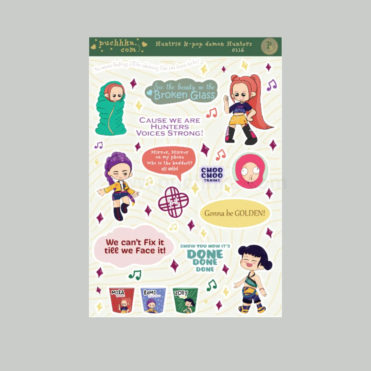 A rectangular printed sticker sheet or card featuring multiple cartoon-style characters, speech bubbles, musical notes, and phrases such as 'The broken glass,' 'Cause we are hunters, voices strong!', and 'Gonna be GOLDEN!'. The sheet is centered on a plain light gray background.