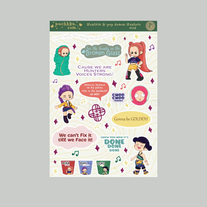 A rectangular printed sticker sheet or card featuring multiple cartoon-style characters, speech bubbles, musical notes, and phrases such as 'The broken glass,' 'Cause we are hunters, voices strong!', and 'Gonna be GOLDEN!'. The sheet is centered on a plain light gray background.