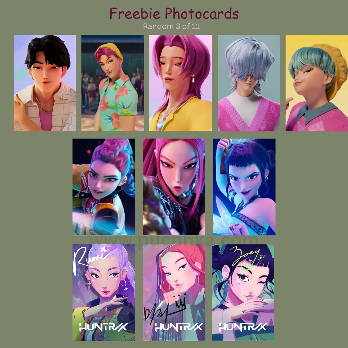 A collage of 11 stylized portrait photo cards arranged on a muted green background, with the text 'Freebie Photocards' and 'Random 3 of 11' at the top. Several cards show the brand name HUNTRX.