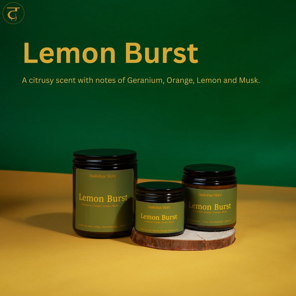 Three scented candles in dark jars labeled 'Lemon Burst' by Daakshya Store (now Puchhka), arranged on a yellow surface against a green background with product text above.