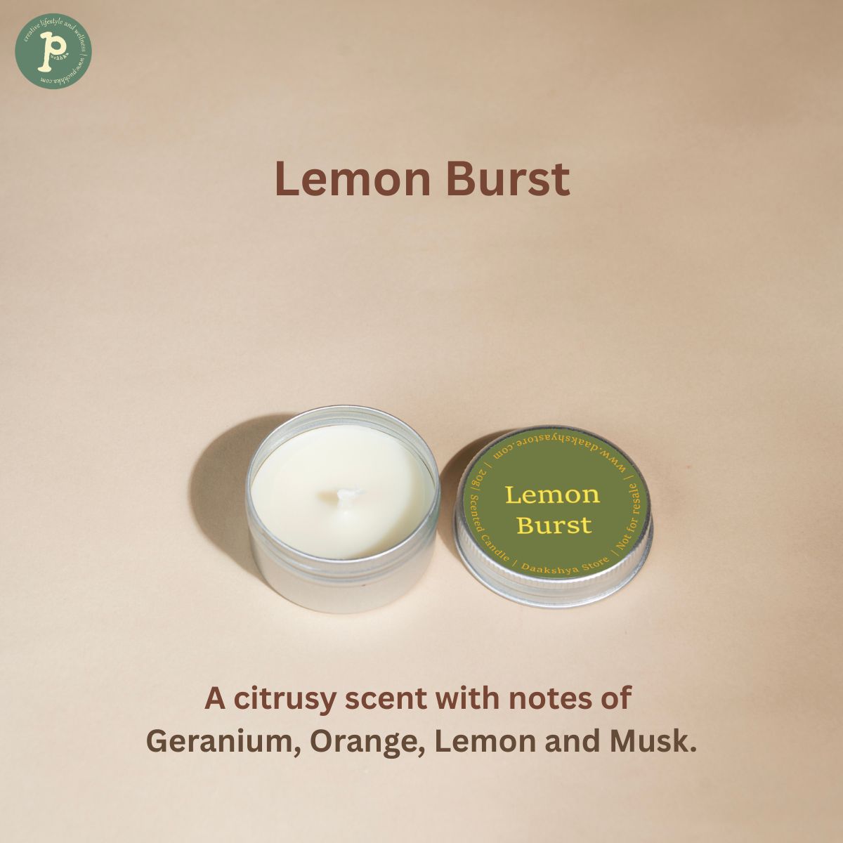 Lemon Burst Scented mini candle is on a beige background with notes of "Geranium, Orange, Lemon and Musk" written at the bottom.