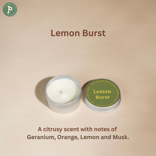 Lemon Burst Scented mini candle is on a beige background with notes of "Geranium, Orange, Lemon and Musk" written at the bottom.