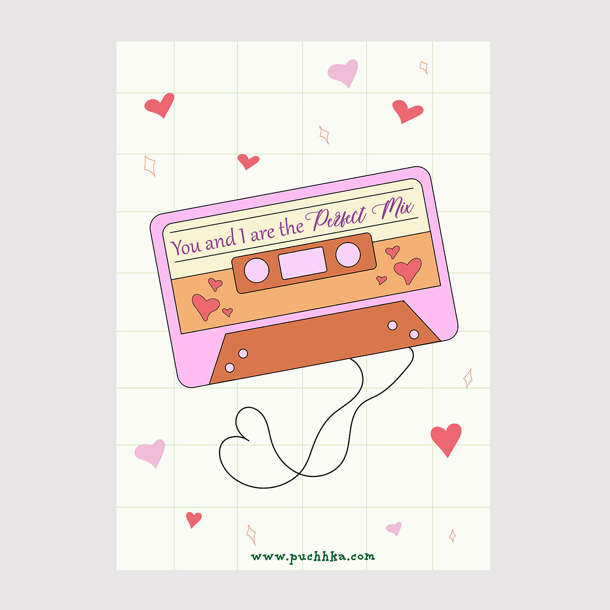 A retro cassette tape illustration with the phrase 'You and I are the Perfect Mix' in purple script. The cassette is pink and orange-brown, decorated with small hearts, and is shown on a pale grid background with scattered pink hearts.