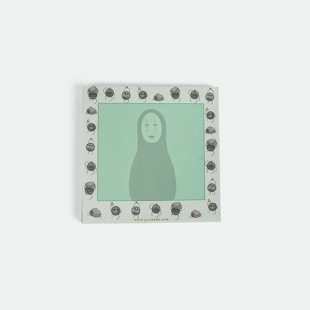 A square art print featuring a minimalist illustration of no face from spirited away, set against a light mint green background with a border of small cartoon characters. The print is displayed on a clean, light gray background.