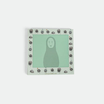 A square art print featuring a minimalist illustration of no face from spirited away, set against a light mint green background with a border of small cartoon characters. The print is displayed on a clean, light gray background.