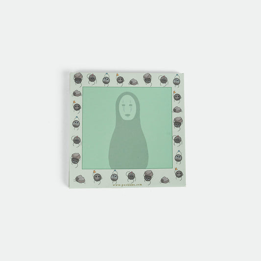 A square art print featuring a minimalist illustration of no face from spirited away, set against a light mint green background with a border of small cartoon characters. The print is displayed on a clean, light gray background.