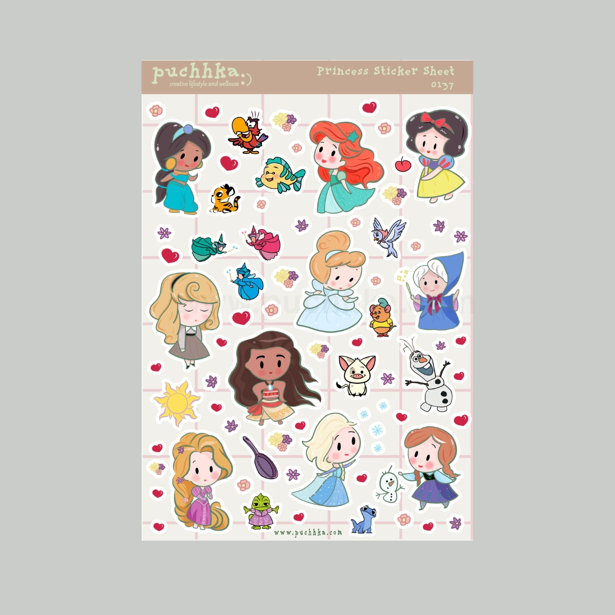A sheet of cute chibi-style princess stickers on a light pink background, featuring characters from Disney and other fairy tales along with small hearts and stars. The sheet is labeled 'puchhka' and 'Princess Sticker Sheet'.