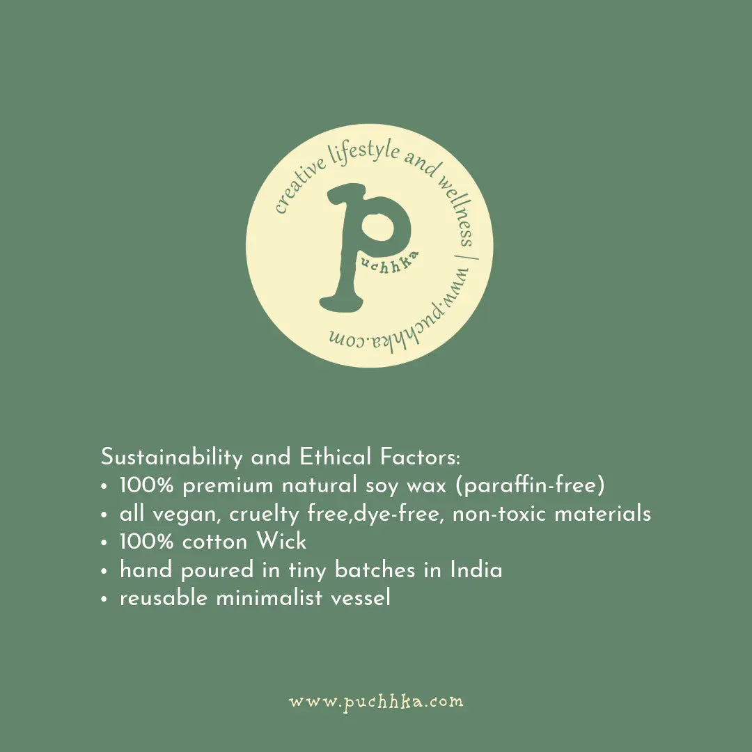 A green informational graphic with a cream circular logo reading 'creative lifestyle and wellness puchha' and white text listing sustainability and ethical factors, including 100% premium natural soy wax, vegan and cruelty-free materials, and hand-poured in tiny batches in India.