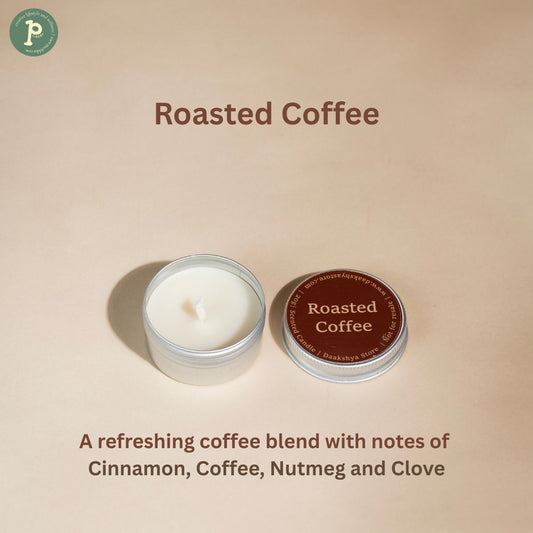 Roasted Coffee mini scented candle is on a beige background with notes of "Cinnamon, Coffee, Nutmeg and Clove " written at the bottom.