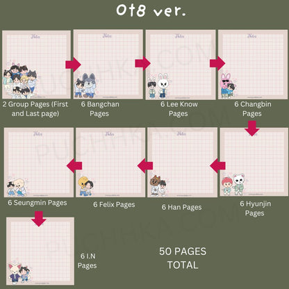 A product layout diagram for an OT8 ver. notebook set, showing individual page counts for each member of the K-pop group Stray Kids with arrows indicating the total of 50 pages.