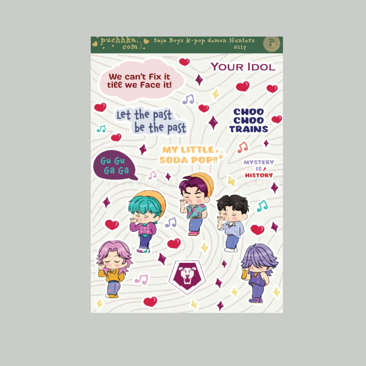 A rectangular sticker sheet featuring colorful cartoon boy group characters, musical notes, hearts, and text such as 'Your Idol,' 'Choo Choo Trains,' and 'Let the past be the past,' shown on a light gray background.