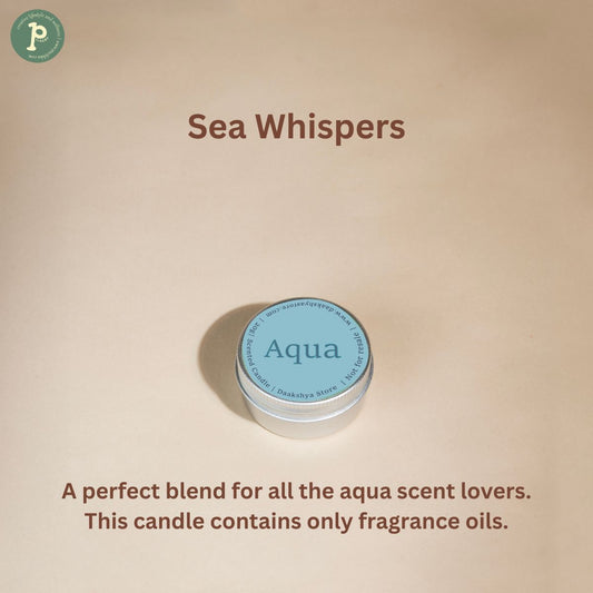 Sea whispers scented mini candle is on a beige background.