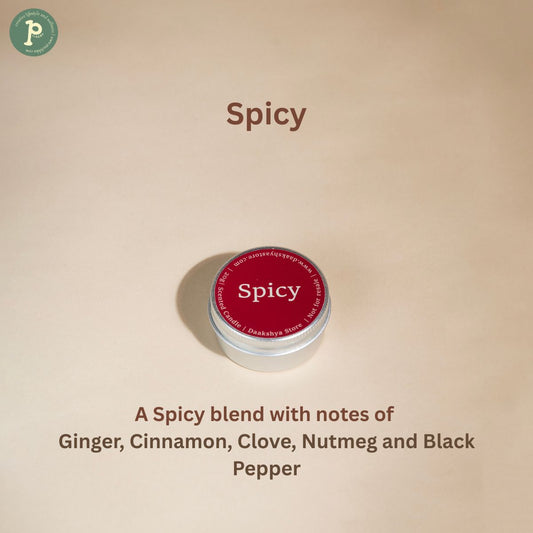Spicy scented mini candle is on a beige background with notes of "Ginger, Cinnamon, Clove, Nutmeg and Black Pepper" written at the bottom.