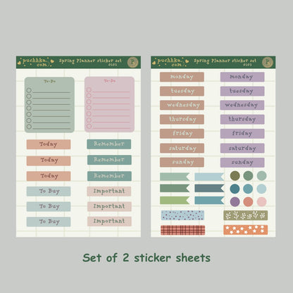 Two sticker sheets of Spring Planner Sticker Set, displayed on a light gray background with the text 'Set of 2 sticker sheets' below. The stickers feature pastel colors including sage green, dusty pink, terracotta, teal, lavender, and mauve on a white lined paper background.
