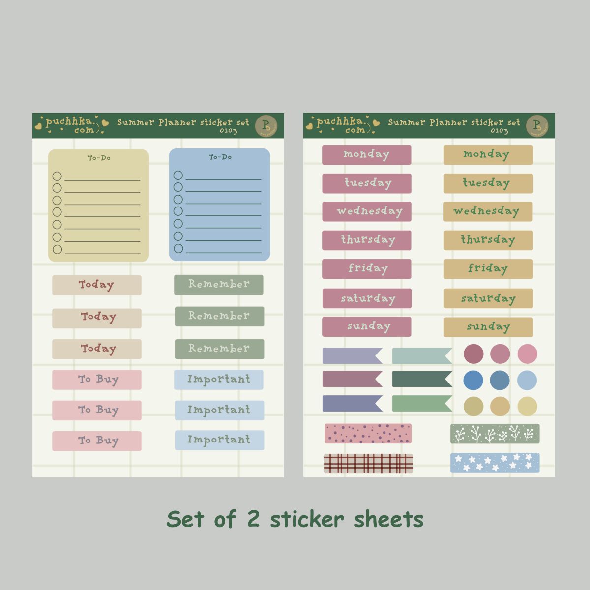 Two sticker sheets for a summer planner, displayed on a light gray background with the text 'Set of 2 sticker sheets' below. The stickers feature pastel colors including pink, blue, green, yellow, and beige on a white lined paper background.