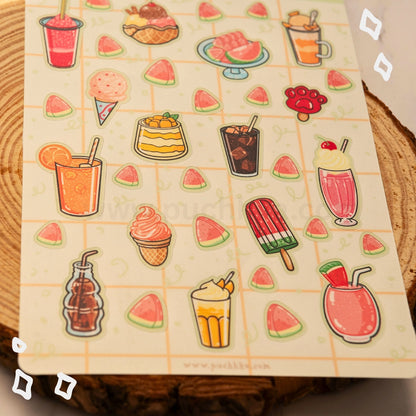 A sheet of cute summer-themed stickers  featuring watermelon slices, drinks, ice cream, and desserts.